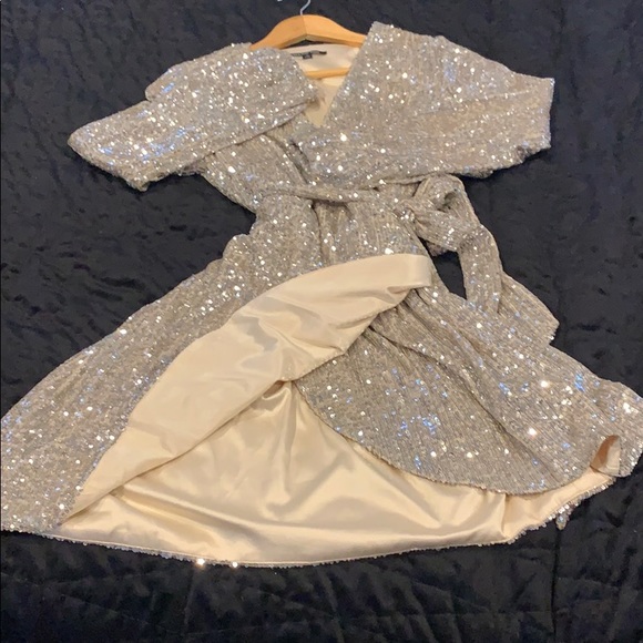 Gianni Bini Sequin Silver Wrap Dress - Picture 3 of 8